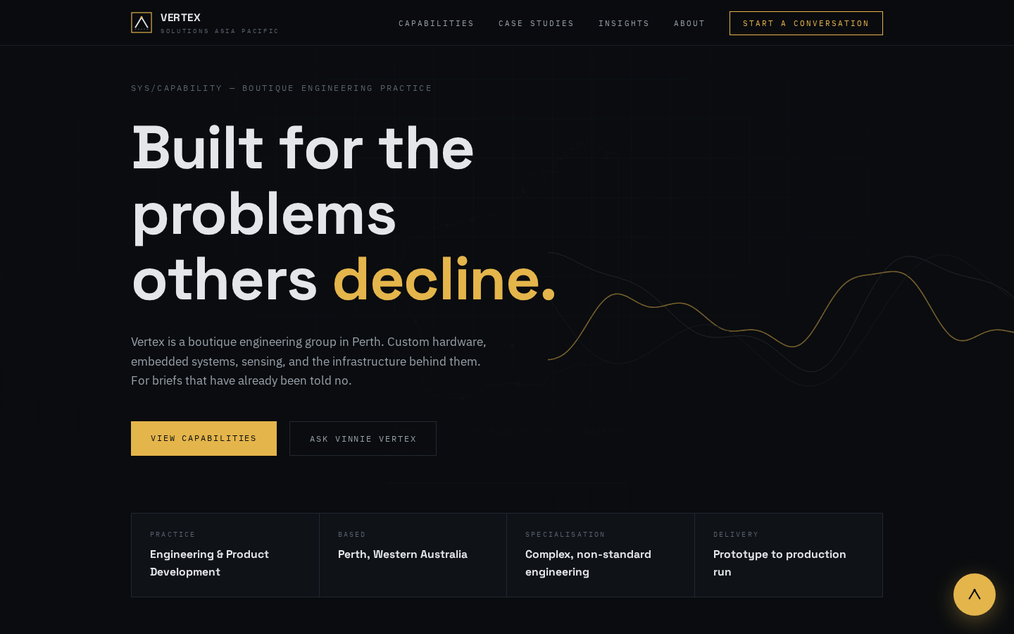 Vertex Solutions concept site — dark instrument theme with amber signal accents